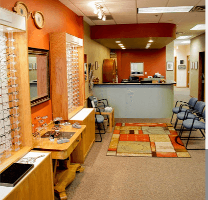 Interior of Sunrise Vision Care. Designer frames on display.