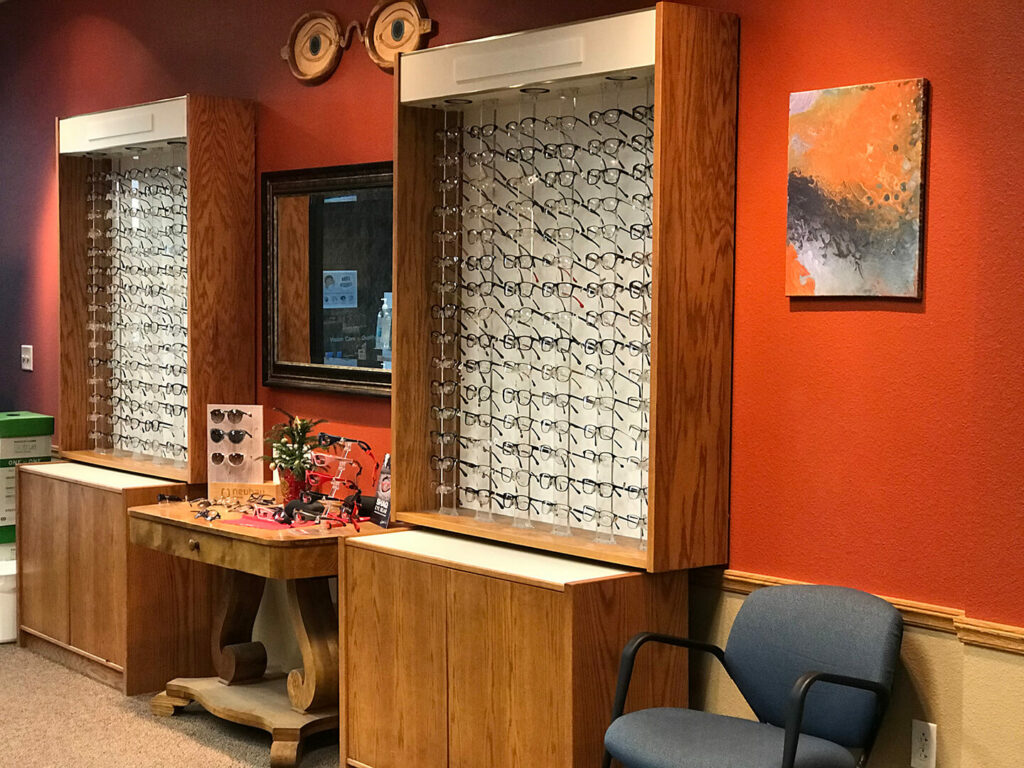 Interior of Sunrise Vision Care. Designer frames on display.